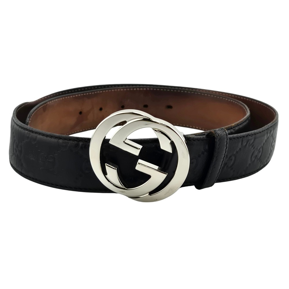 Gucci Interlocking G Belt Black Guccissima Leather Silver Buckle 95 38